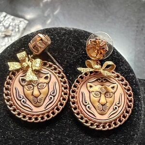 Gold and Bronze Lion Earrings with Bow Accents